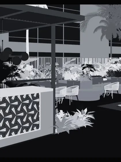 The same mood board in black and white, which helps us focus on form, pattern, and contrast.