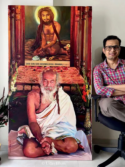 Here I am with the completed, massive oil painting of the Guru. It's a rewarding feeling to stand next to a piece that took so much focus and dedication.