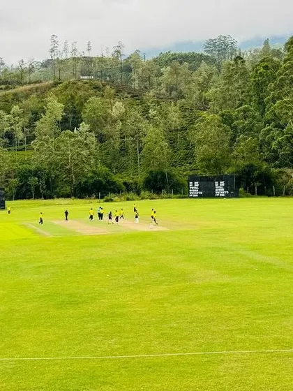 A scenic view of a match underway in Sri Lanka, with the scoreboard in the background.