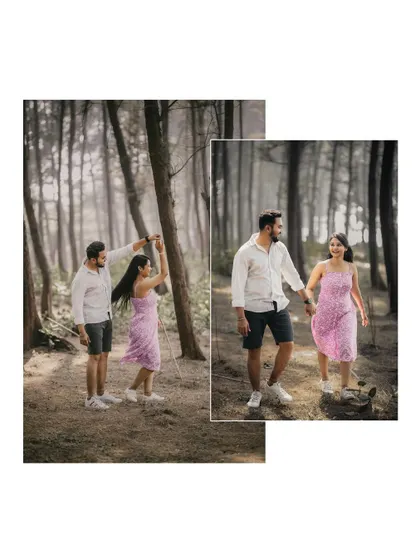 Two action shots of the couple dancing and walking in the forest, capturing movement and joy.