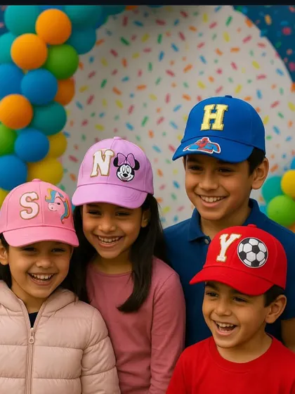 A group of smiling children showing off their unique, custom-designed caps at a birthday party. Each cap reflects their personality with different initials and patches like Minnie Mouse, a unicorn, and a soccer ball.