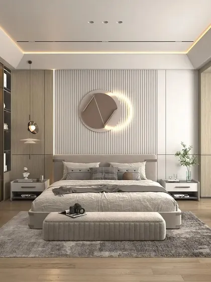 This modern bedroom showcases a serene and balanced design, featuring a fluted panel wall behind the bed, a unique circular wall art piece with backlighting, and a glass-door wardrobe.