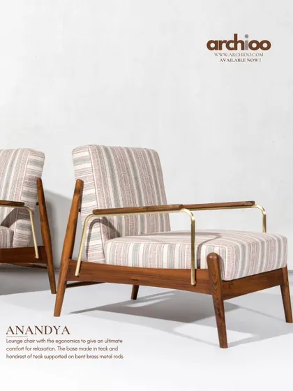 The 'Anandya' lounge chair is designed with ergonomics in mind for ultimate comfort. The base is made of solid teak and hundread of teak supported on bent brass metal rods, creating a timeless piece for relaxation.