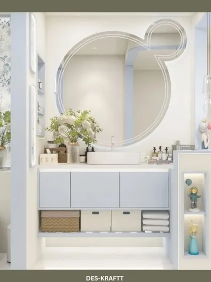 A playful touch is added with a Mickey Mouse-shaped mirror, showing how we can incorporate fun elements into a sophisticated design.