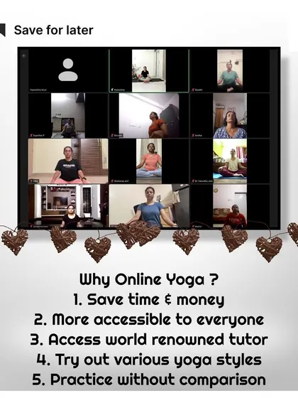 This graphic explains some of the key benefits of practicing yoga online with me, including saving time, accessibility, and the ability to practice without comparison in a private setting.