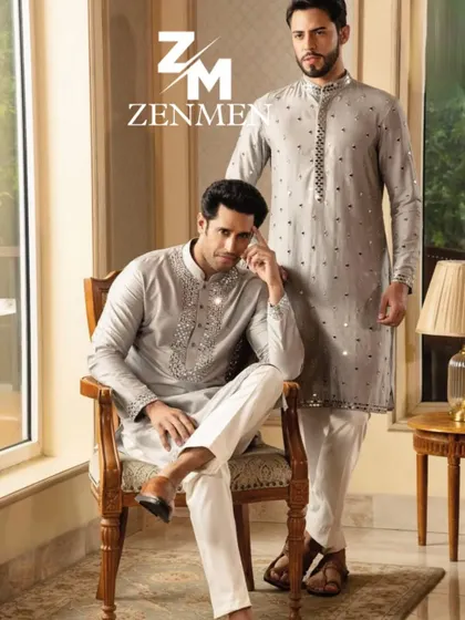 My collection also includes sophisticated options for any celebration. These elegant grey kurta sets feature subtle mirror work, offering two distinct styles for a coordinated yet individual look.