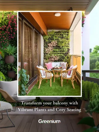 Transform your balcony with vibrant plants and cozy seating. This image shows a beautiful setup with wicker chairs, a vertical garden, and artificial grass, creating a refreshing atmosphere to relax and unwind.