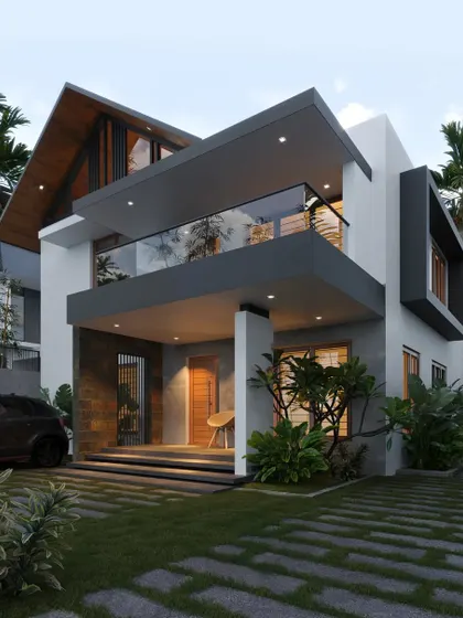 A modern home with a mix of flat and slightly angled roofs, featuring a prominent grey cantilevered balcony.