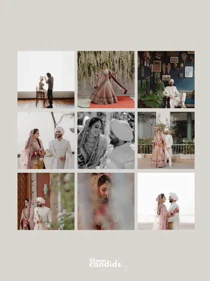 A mood board of wedding portraits, showcasing a variety of styles from getting-ready shots to classic couple poses, all in a cohesive, elegant aesthetic.