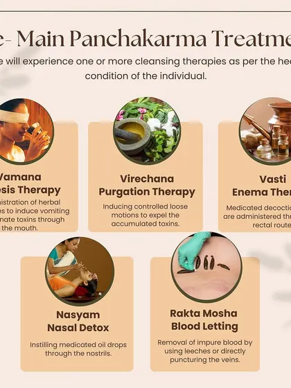 A detailed look at the five core treatments of Panchakarma, from emesis and purgation therapy to nasal detox and bloodletting, all performed under expert medical supervision.