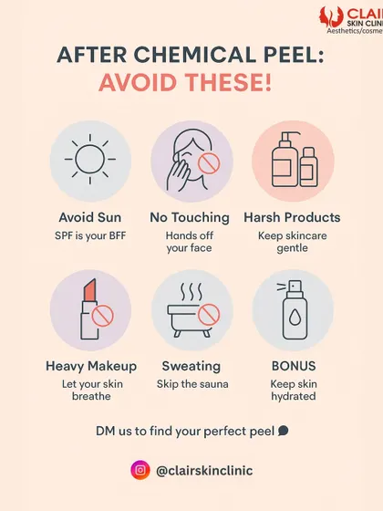 Proper aftercare is key to getting the best results from your chemical peel. This helpful guide shows what to avoid: sun exposure, touching your face, harsh products, heavy makeup, and excessive sweating.