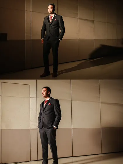 A diptych of the groom's stylish portraits from the reception, showcasing his sharp suit and confident poses.