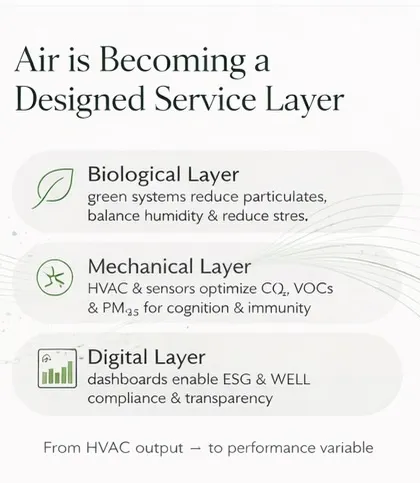 Our Air Quality as a Service (AQaaS) is not an abstract concept; it is a structured, three-layer system. We integrate a Biological Layer of green systems to manage particulates, a Mechanical Layer of optimized HVAC and sensors to control CO₂ and VOCs, and a Digital Layer of dashboards for transparent ESG and WELL compliance. This transforms air from a passive element into a measurable performance variable.
