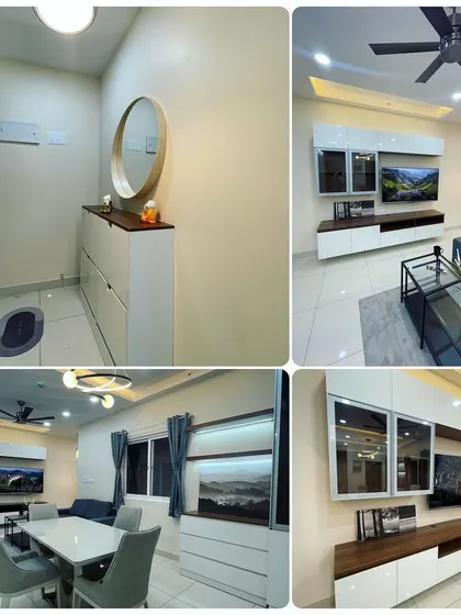 This collage shows the completed interiors for a 2BHK rental property in Prestige Jindal City. We used a combination of glossy and matte laminates to create a durable, stylish, and welcoming space for tenants.