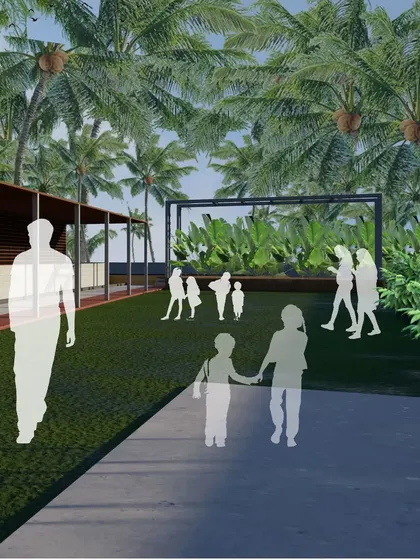 This view of the main event lawn shows its capacity for hosting large groups. A simple, dark-framed structure in the background can serve as a stage or a photo backdrop, framed by tropical plants.