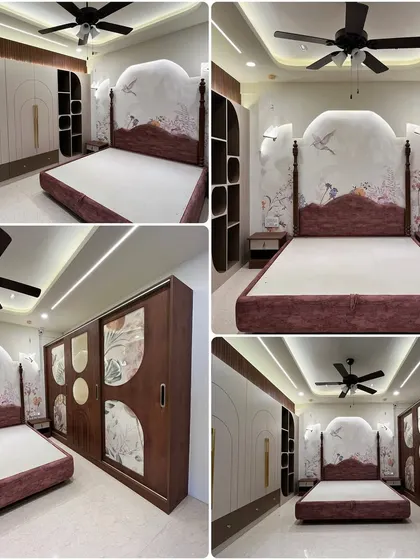 This luxury master bedroom is a perfect example of our commitment to bespoke design. We combined custom-printed headboards and wardrobe panels with elegant lighting and a rich color palette to create a truly personal and serene retreat.