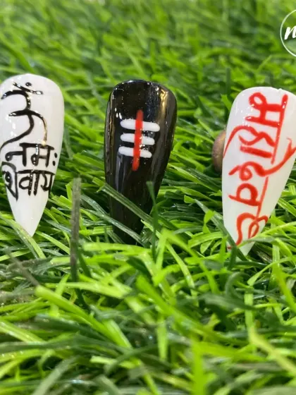 For those who want to wear their faith, I created this Mahashivratri-themed set. It features "Om Namah Shivaya," a shivling, and "Mahadev" written in Hindi, all hand-painted.