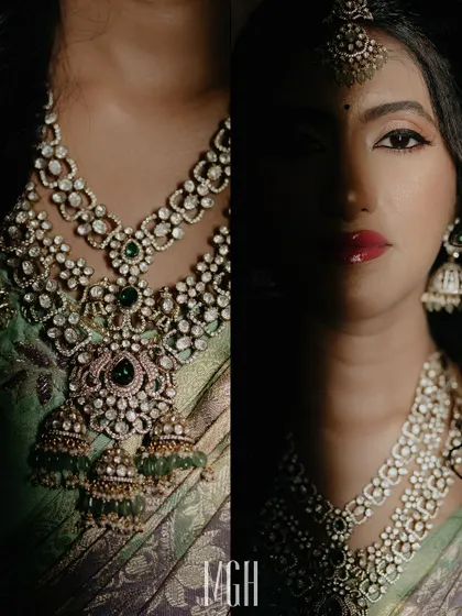 A dramatic split portrait highlighting the bride's exquisite jewelry and striking makeup. This artistic shot plays with light and shadow to create a powerful and glamorous image.