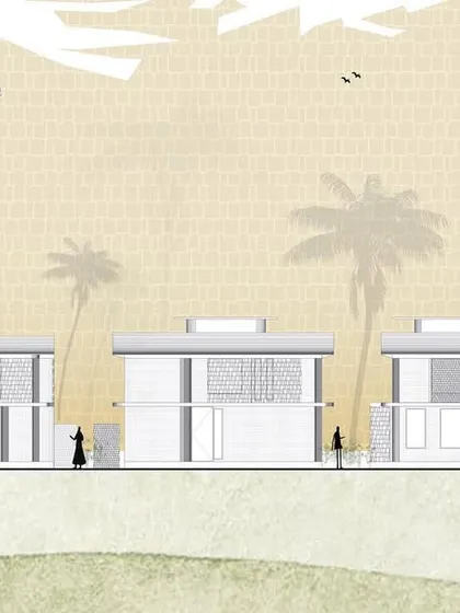 An illustrated elevation of our Pavilion homes, showing how the structures sit lightly in the landscape. The drawing style is intentionally soft and atmospheric, emphasizing the design's focus on the serene environment of the paddy fields.