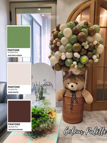 A closer look at the color palette for this teddy bear themed baby welcome. I used shades of avocado green, sand white, and wooden brown to create a calm and natural aesthetic.