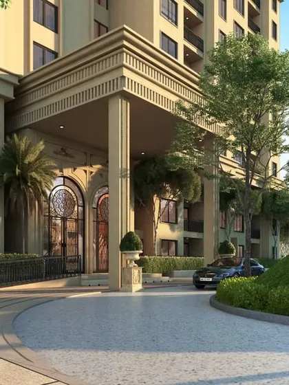 The grand portico entrance at Casagrand Sun City provides a luxurious, sheltered drop-off point, reflecting the project's classical Roman architectural theme.