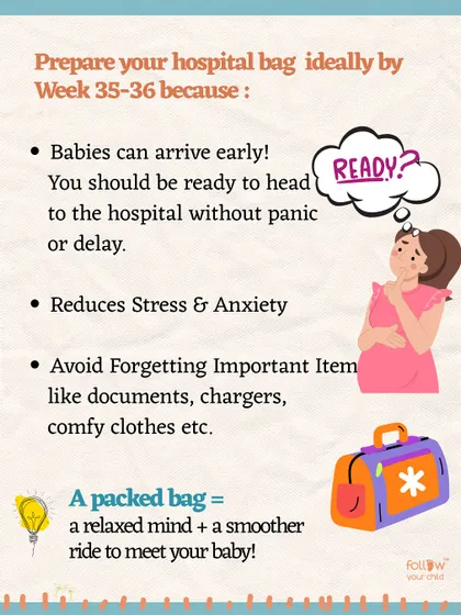 I recommend preparing your hospital bag by week 35-36. Babies can arrive early, and having a packed bag means a relaxed mind and a smoother journey to meet your baby.