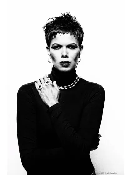 Iconic presence. This direct, powerful black and white portrait of Tinu Verghis showcases why she is a supermodel. Pure strength and confidence.