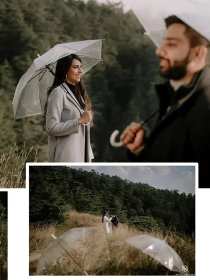 A playful shot with umbrellas in the misty hills, adding a touch of whimsy to this pre-wedding session.