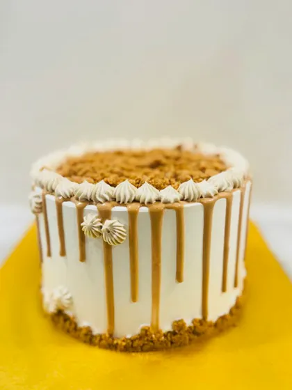 A close-up of the simple yet satisfying butterscotch drip cake.