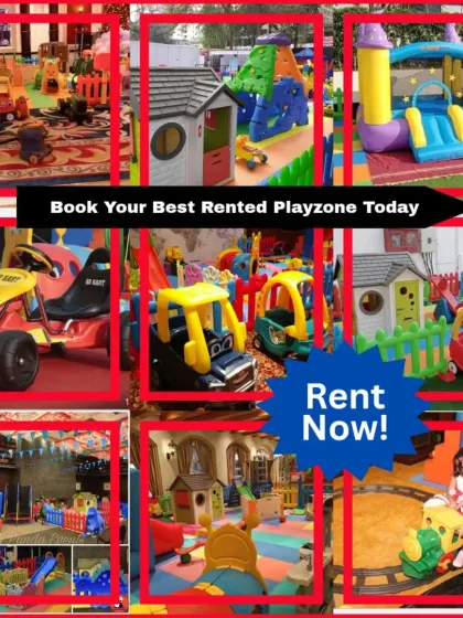 Book your best rented playzone today. This collage, with its bold red frames, highlights various popular toys like go-karts, bouncy castles, climbing walls, and playhouses, all ready for you to rent.
