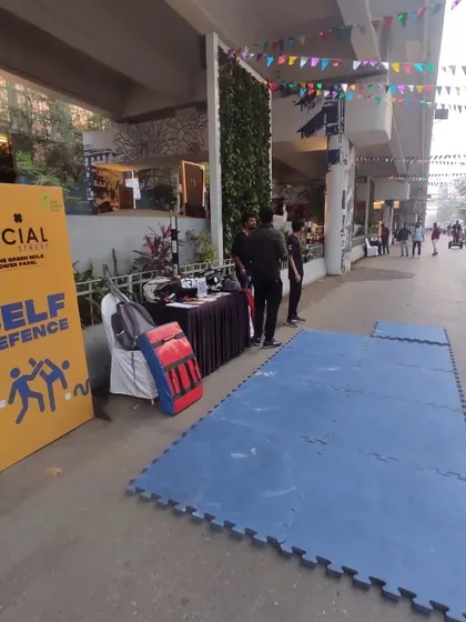Our setup for the public self-defense event at Social Street, complete with mats and training pads.
