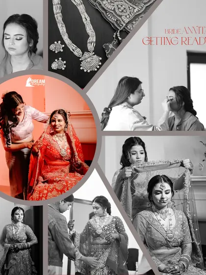 A circular collage showing the 'Getting Ready' moments of bride Anvita, from makeup to her final look.