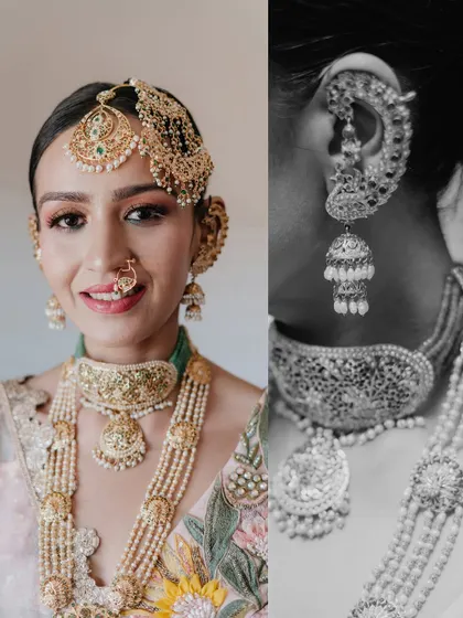 A close-up on the bride's intricate jewelry, including her passa, earpiece, and layered necklaces, showcasing the details of her Ooty wedding look.
