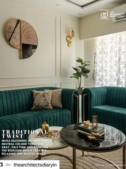 This feature noted the traditional twist in the living room, where I used neutral color tones and a rich teal sofa to create a relaxing and restful space.