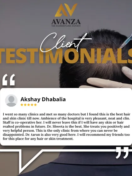 Akshay's review highlights our commitment to positive and helpful treatment. He notes the pleasant ambiance and the cooperative staff, reinforcing our belief that a supportive environment is key to a successful hair and skin treatment journey.