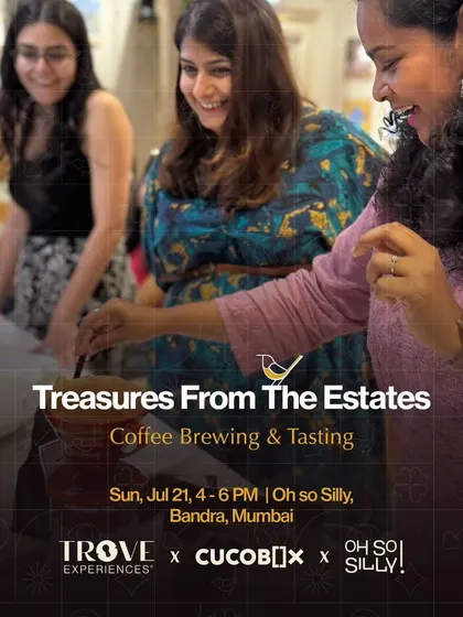 This poster for our Mumbai coffee event shows the hands-on nature of our workshops. A participant is seen joyfully preparing a pour-over coffee, surrounded by friends.