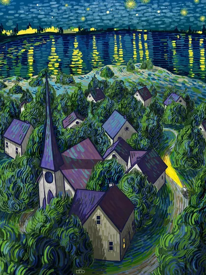 A quiet village at night, with every house and tree rendered in the energetic, swirling style of Van Gogh. The reflections of the stars and town lights dance on the water, creating a scene that is both peaceful and full of vibrant, living energy.