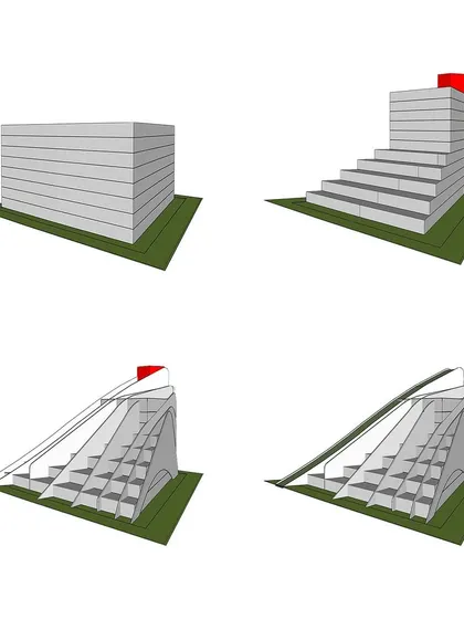A diagram illustrating the process of "terracing and peeling" a simple block form to create a stepped structure with a green roof.