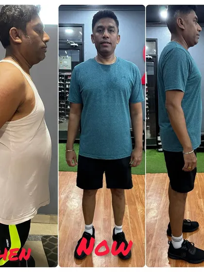 This client's posture and core strength have visibly improved. The 'before' and 'after' shots show a significant reduction in abdominal fat and a much stronger stance.