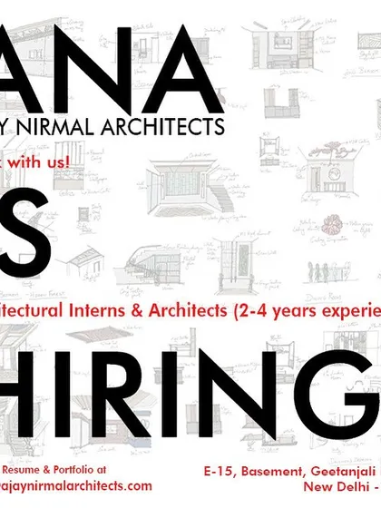 A graphic-style ad from Ajay Nirmal Architects in New Delhi, announcing openings for architects with 2-4 years of experience.