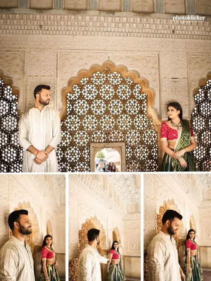 A collage from a Jaipur pre-wedding shoot, showcasing the intricate architecture and the couple's elegant poses within the palace.