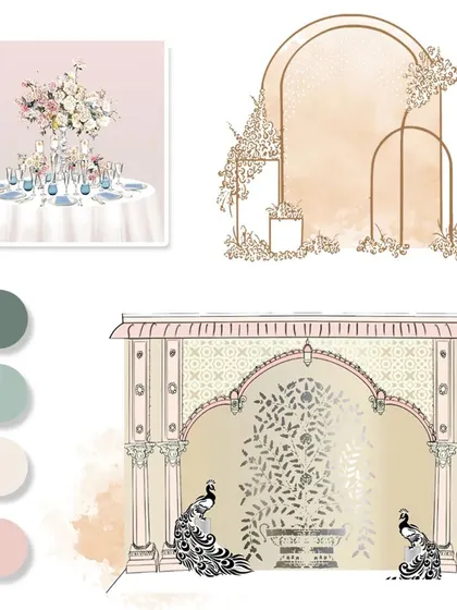 Every event starts with a mood board to define the aesthetic. This board showcases the vision for a serene and elegant indoor puja, with a soft pastel color palette, delicate floral concepts, and peacock motifs.
