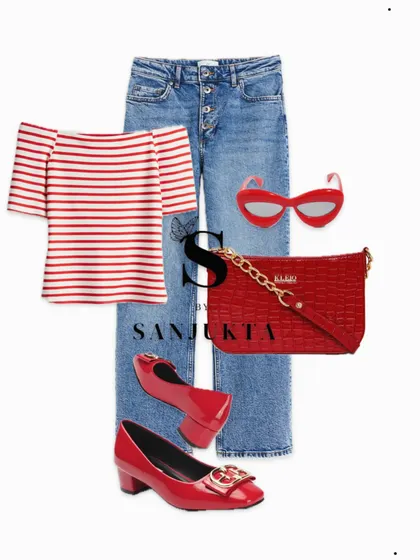 Here is a simple yet chic outfit idea perfect for a summer day. A red and white striped top paired with classic blue jeans gets a fun, stylish boost from a matching red bag, shoes, and sunglasses.