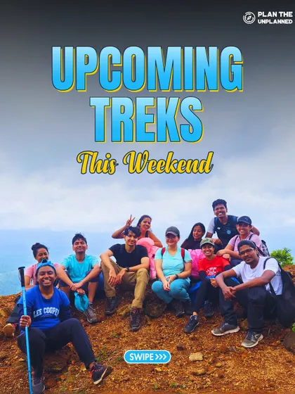 A group of smiling trekkers on a hilltop, ready for their next adventure. Swipe to see our full list of upcoming weekend treks.