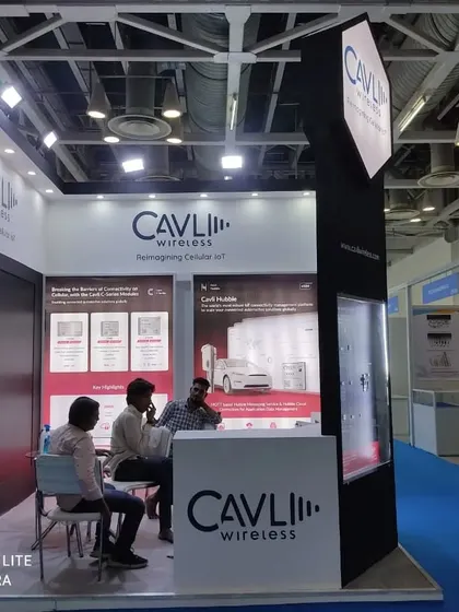 Inside the Cavli Wireless stall, showing the meeting area where the team can have detailed discussions with potential partners and customers.
