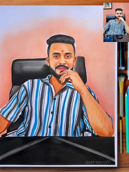 This A3 colored pencil portrait captures a man in his office chair, giving it a professional yet relaxed feel. The striped shirt adds a nice visual element.