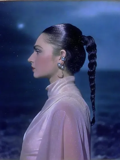 A profile shot of Kavya Trehan against a deep blue, starry backdrop. This image feels like a still from a futuristic film, timeless and elegant.