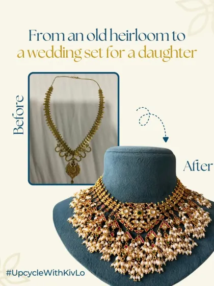 From an old heirloom to a wedding set for a daughter. This simple gold necklace was transformed into a breathtaking bridal chandan haar, layered with countless pearls to create a piece full of emotion and grandeur.