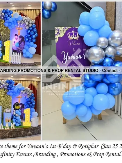 We brought a Royal Prince theme to Rotighar for this first birthday celebration. The decor features a stunning gold sequin backdrop, a balloon arch in shades of blue and silver, and personalized elements like a welcome sign and themed cylinder tables.