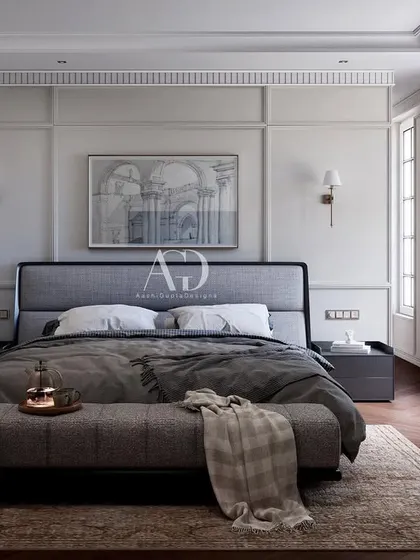 One of my favorite color palettes: soft, warm, and inviting. This bedroom uses shades of grey and beige to create a serene and sophisticated retreat, with a cozy window seat for reading and relaxing.
